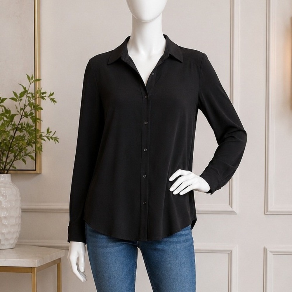 Adrianna Papell Womens Button Down Shirt Black Long Sleeve Stretch XL